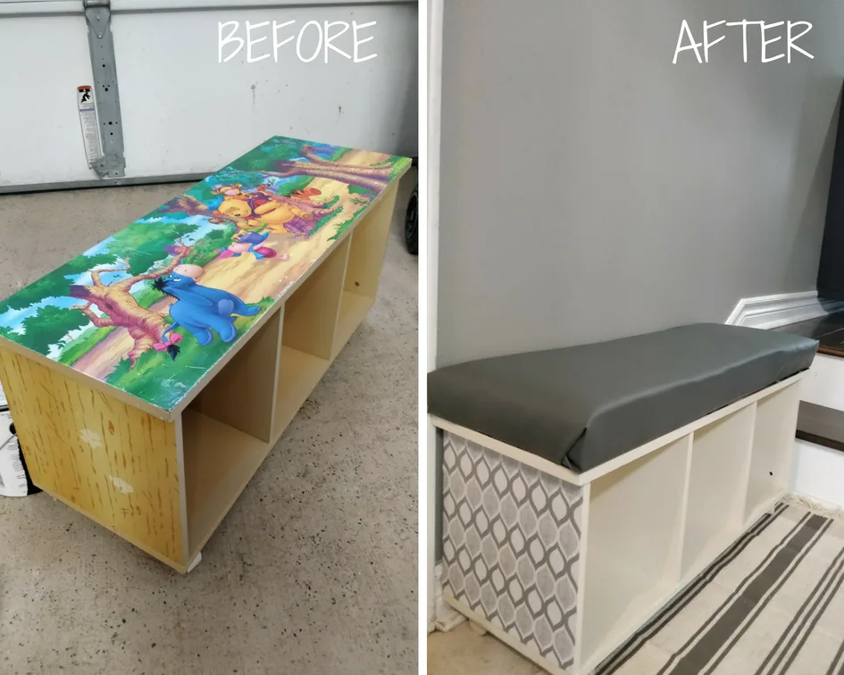 entryway bench with storage before and after