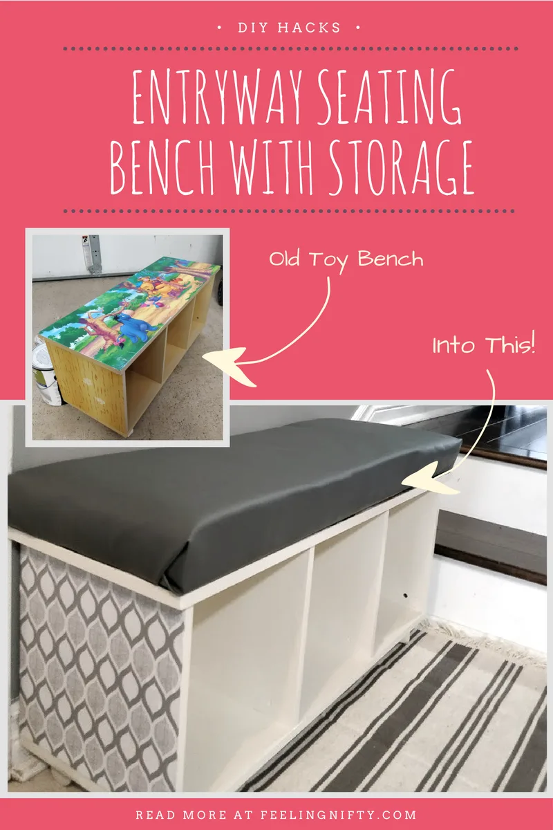 DIY hack of old Disney Shelf into Entryway seating bench with storage