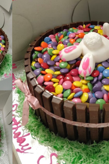 Bunny Bum Candy Cake made out of Smarties and Kitkat