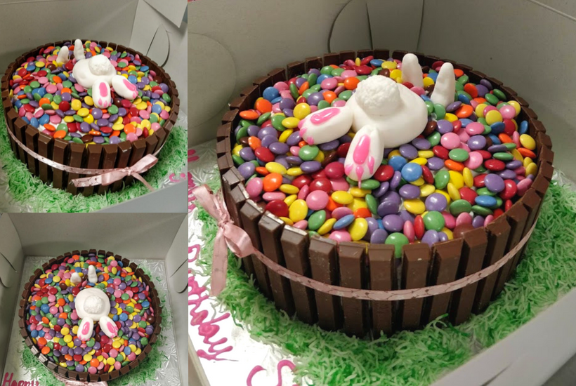 Bunny Bum Candy Cake made out of Smarties and Kitkat