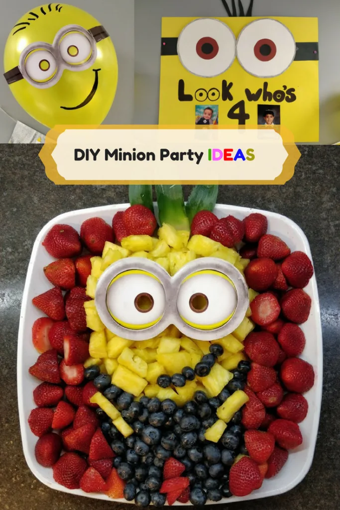 DIY Minion Party ideas fruit platter balloons poster