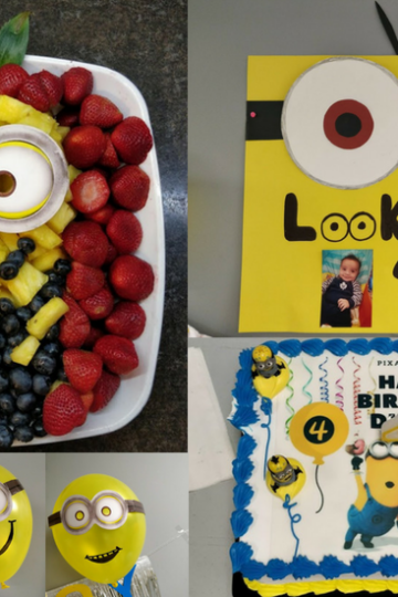 Minion DIY Birthday Party Decoration Ideas, fruit platter, cake, poster and balloons