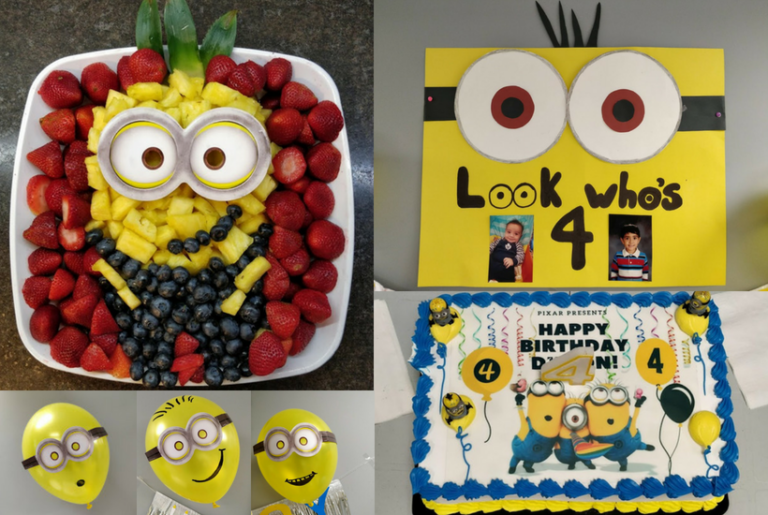 Minion DIY Birthday Party Decoration Ideas, fruit platter, cake, poster and balloons