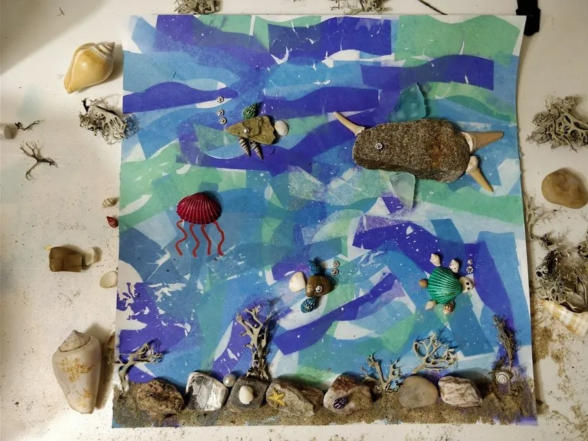 tissue paper art with pebbles and rock fish craft