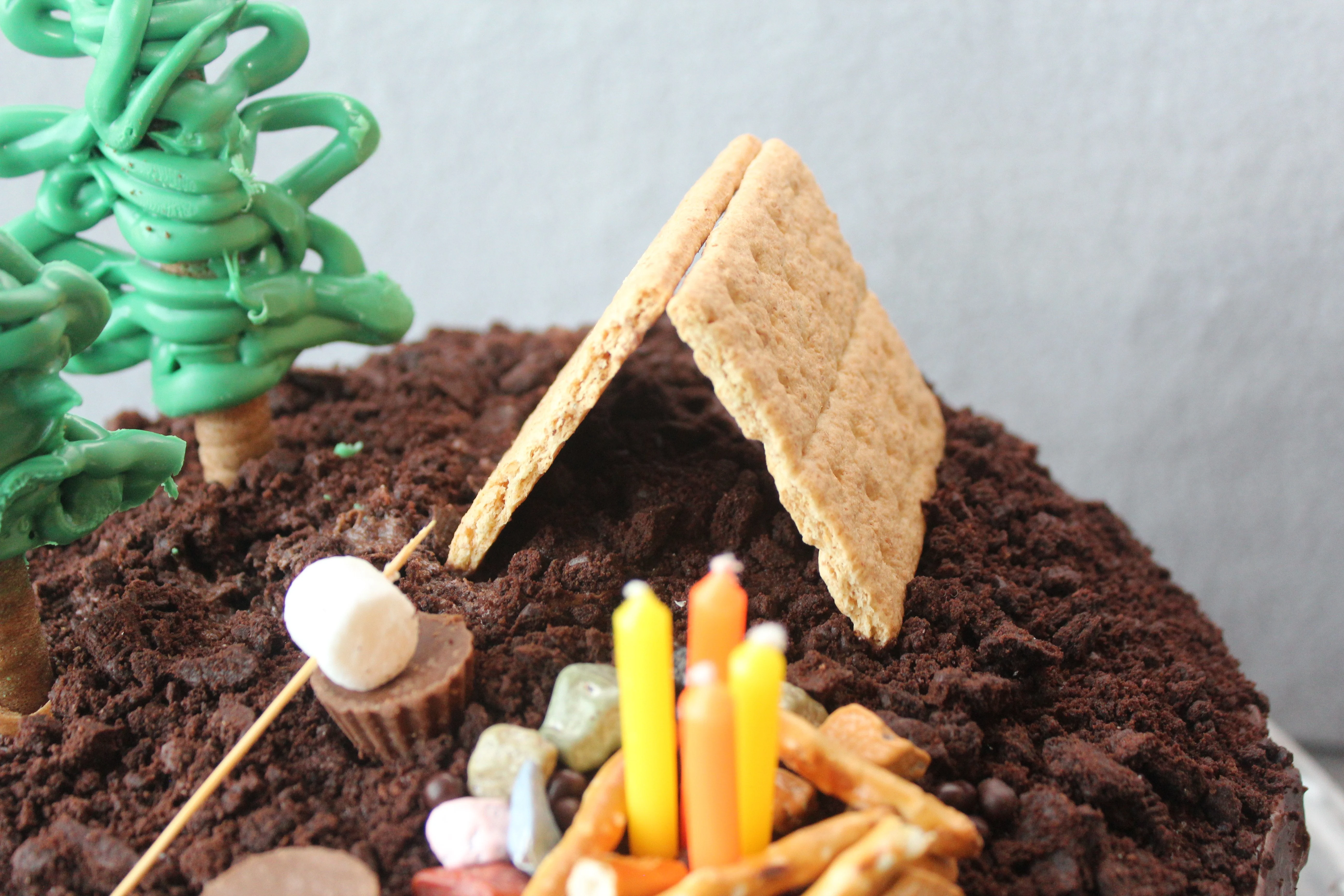 camping cake with graham cracker tent