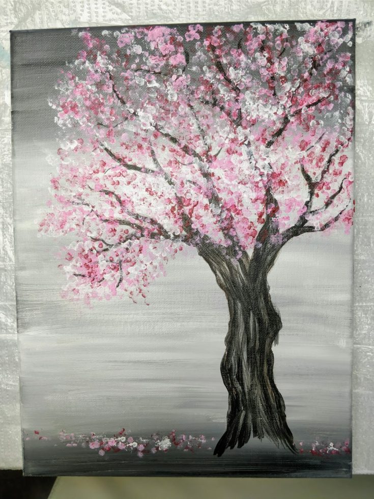 Cherry Blossom Tree Painting with Acrylics and Q-Tips | Easy Painting Idea