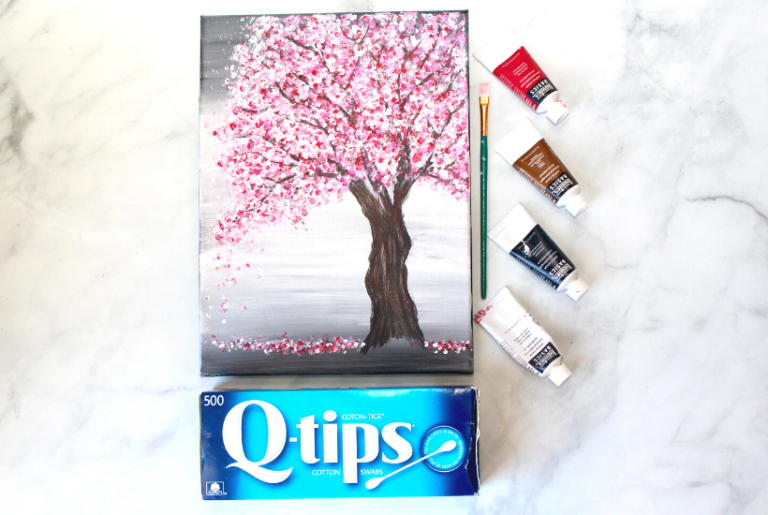 Cherry Blossom Tree Painting with Acrylics and Q-Tips