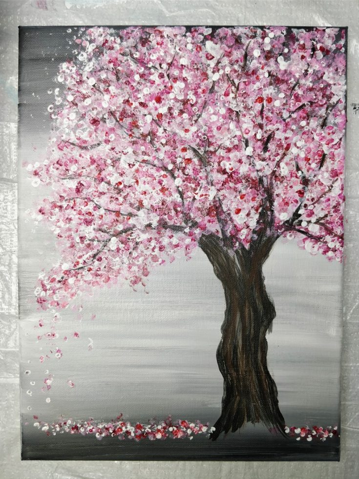 Cherry Blossom Tree Painting with Acrylics and Q-Tips | Easy Painting Idea