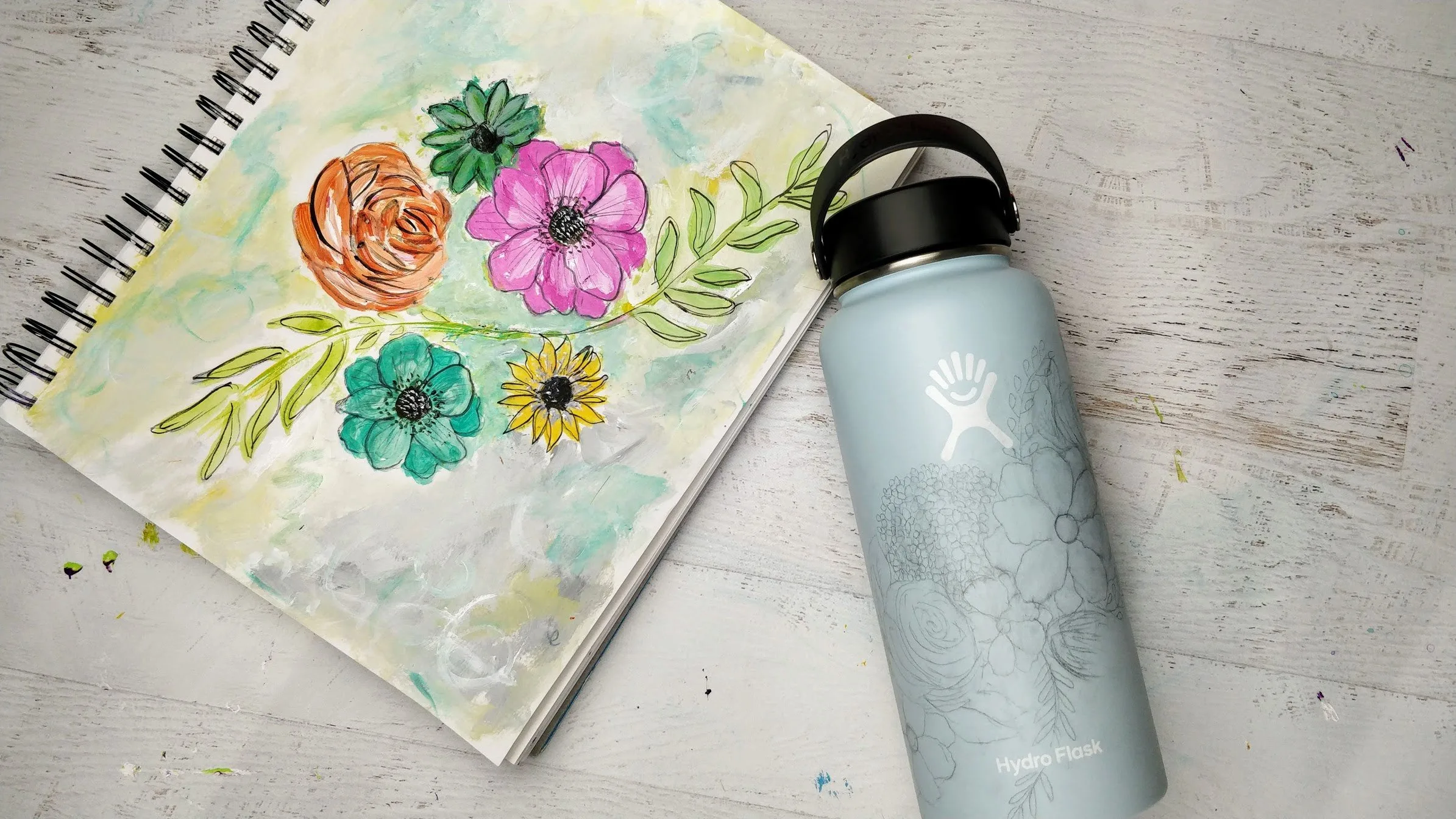 Hydroflask-Flowers-pencil-tracing-design