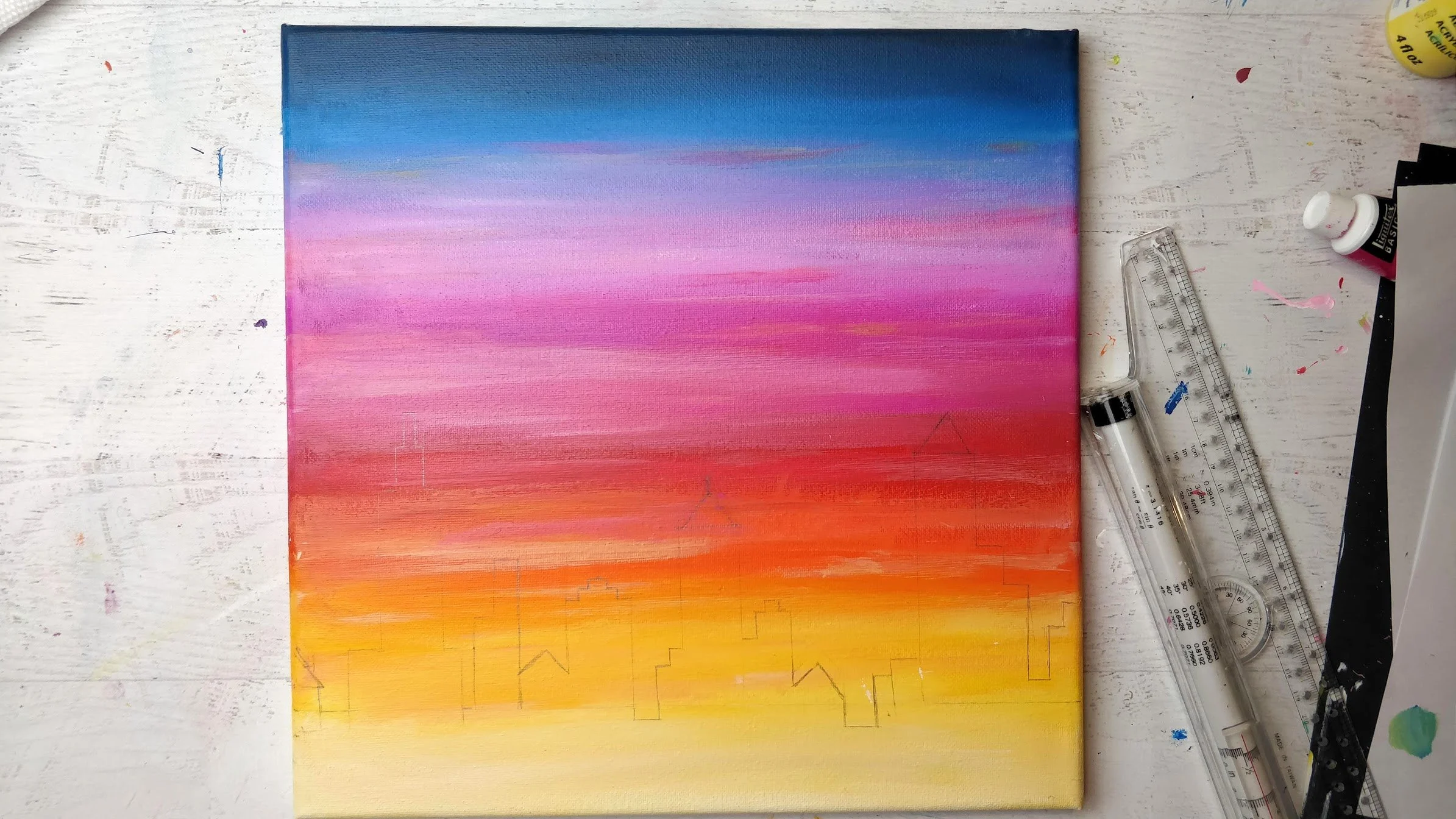 sunset painting city skyline pencil