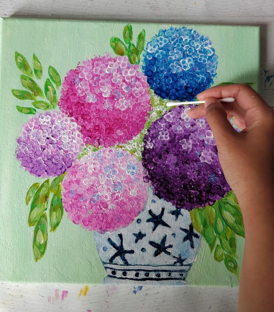 How to Paint Hydrangeas in a Jar Using Qtips and Bubble Wrap {Easy}