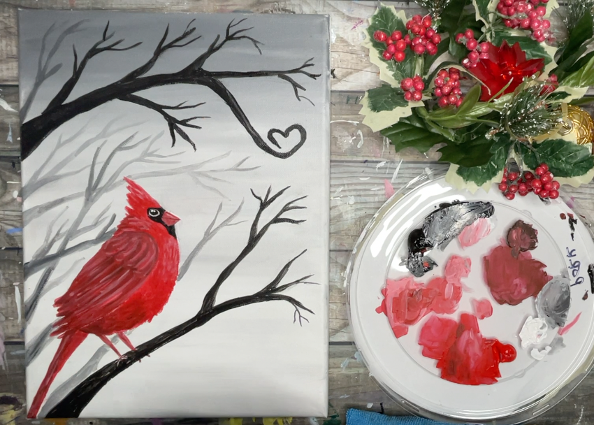 cardinal painting grey background branches