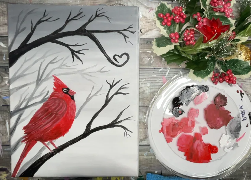 cardinal painting grey background branches