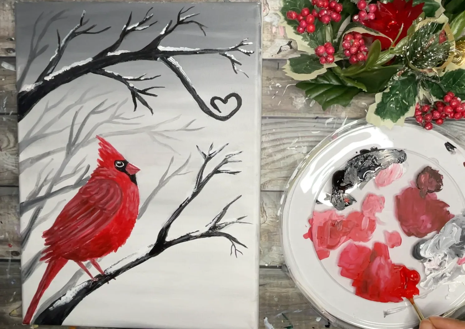 cardinal painting - snow on branches