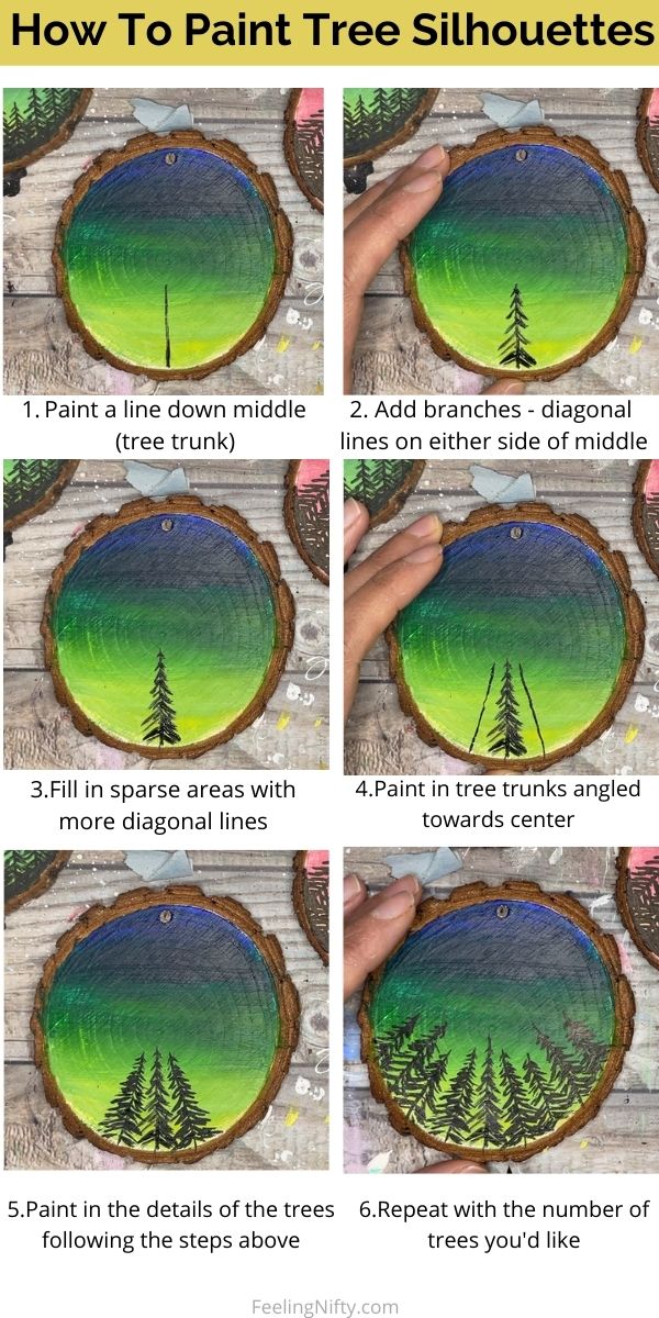 tree silhouette on wood slice ornaments