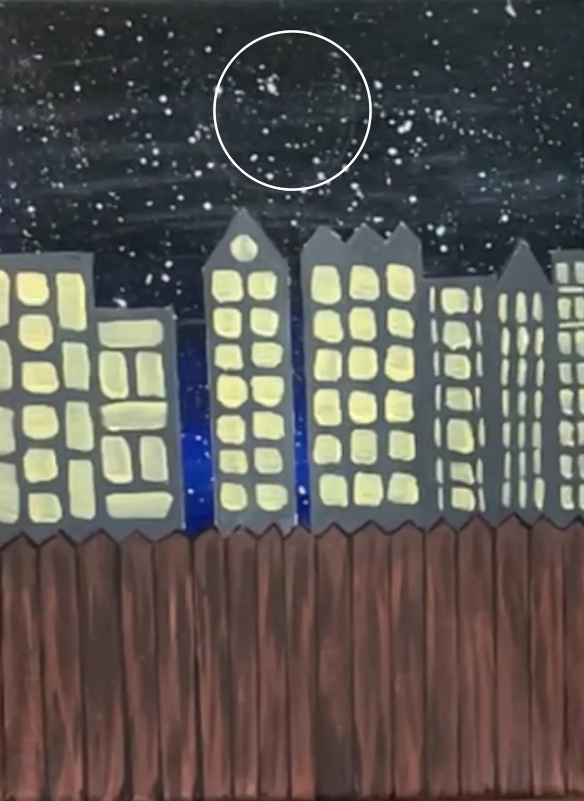 night city skyline with moon outline painting