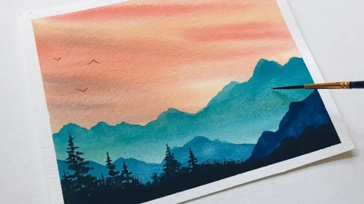 sunset mountain watercolor landscape